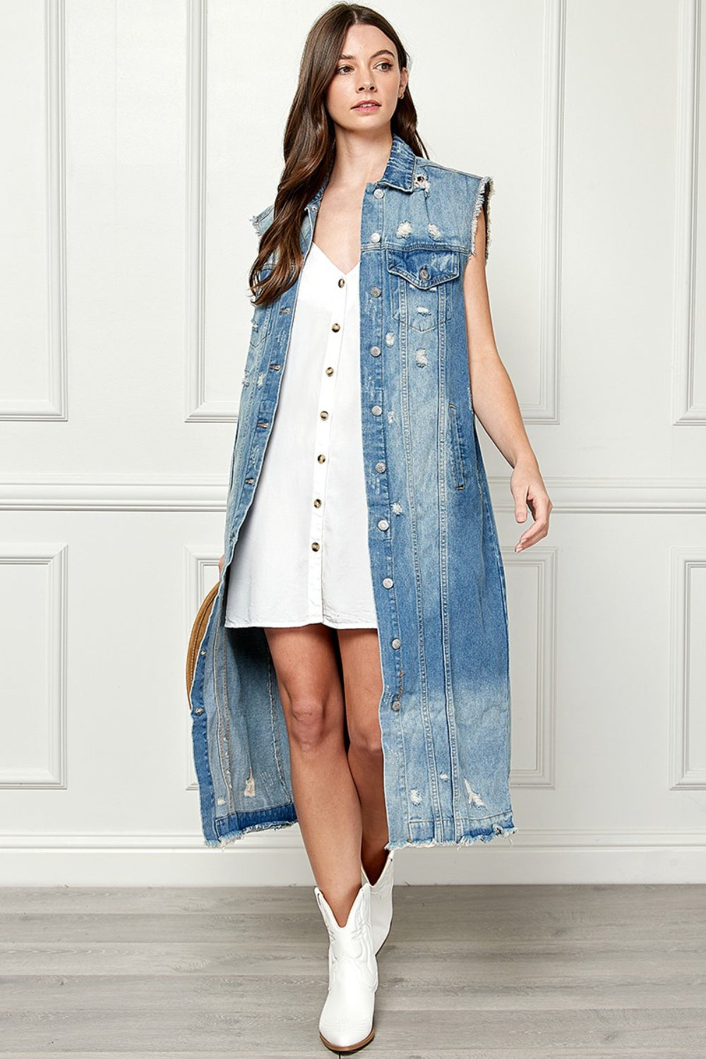 Veveret Full Size Distressed Sleeveless Longline Denim Jacket - The Boutie Shop