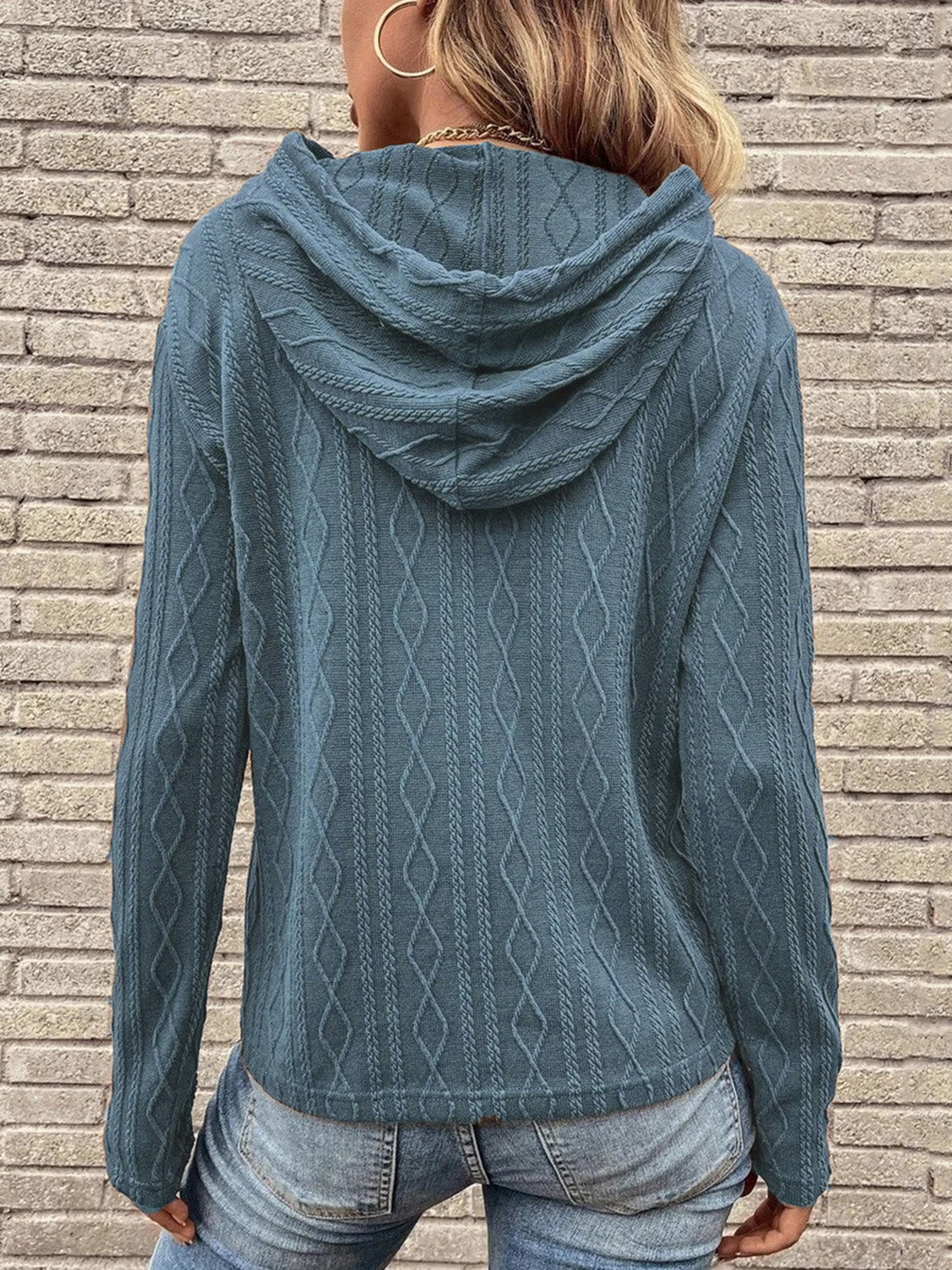 Cable-Knit Drawstring Hooded Knit Top - The Boutie Shop