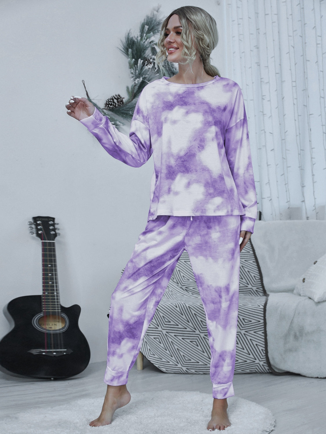 Shiny Tie-dye Round Neck Top and Drawstring Pants Lounge Set - The Boutie Shop