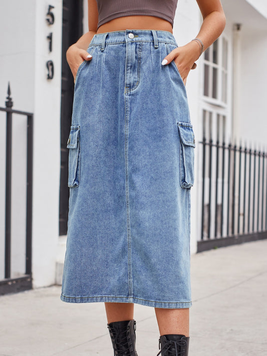 Slit Buttoned Denim Skirt with Pockets - The Boutie Shop