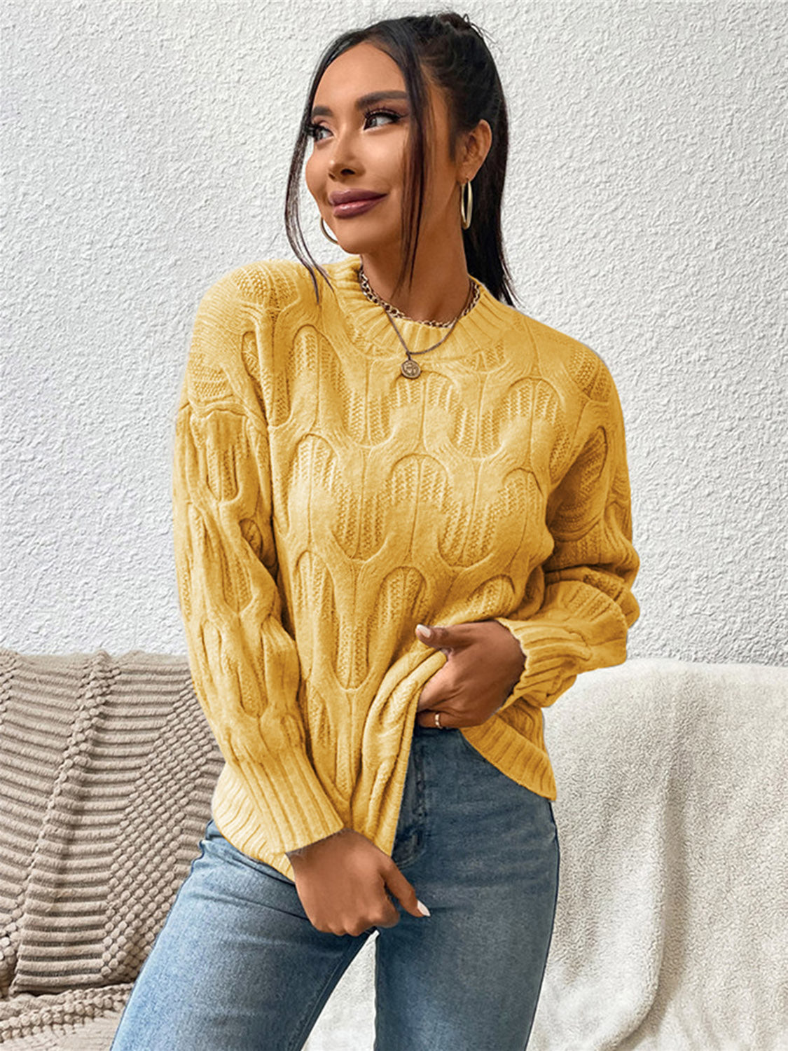 Round Neck Long Sleeve Sweater - The Boutie Shop