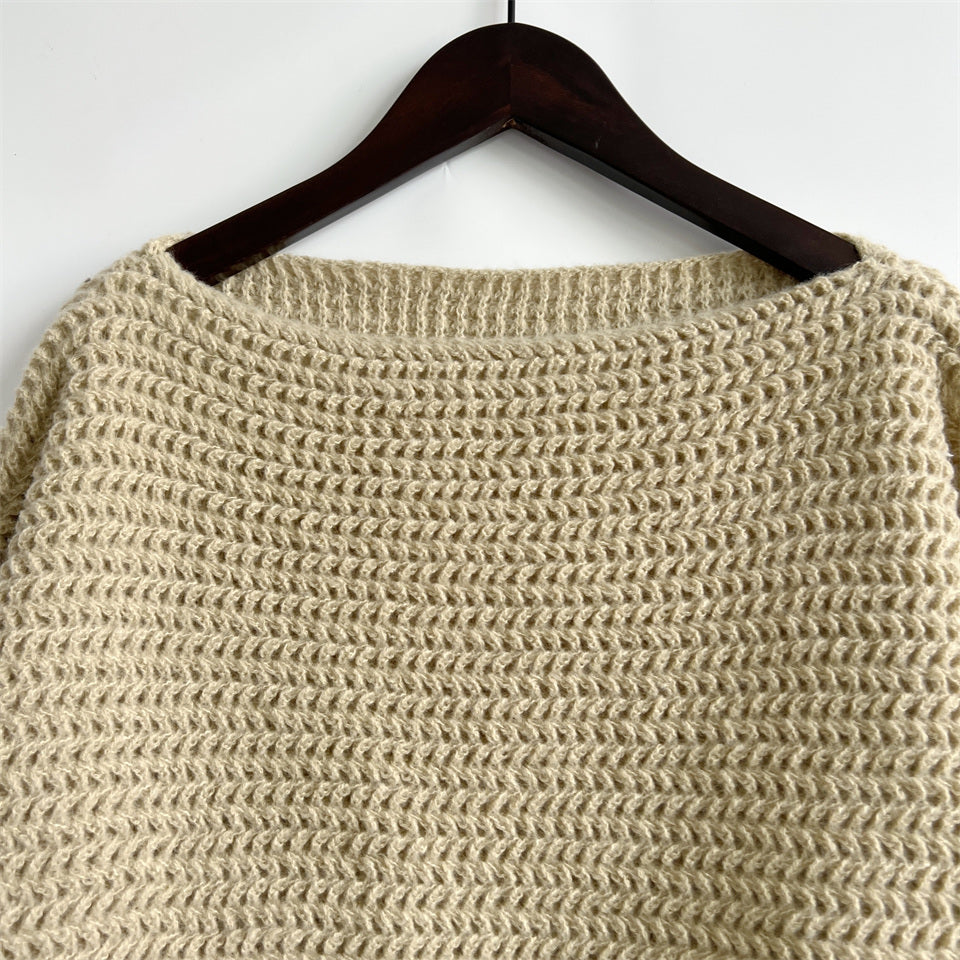 Openwork Boat Neck Long Sleeve Sweater - The Boutie Shop