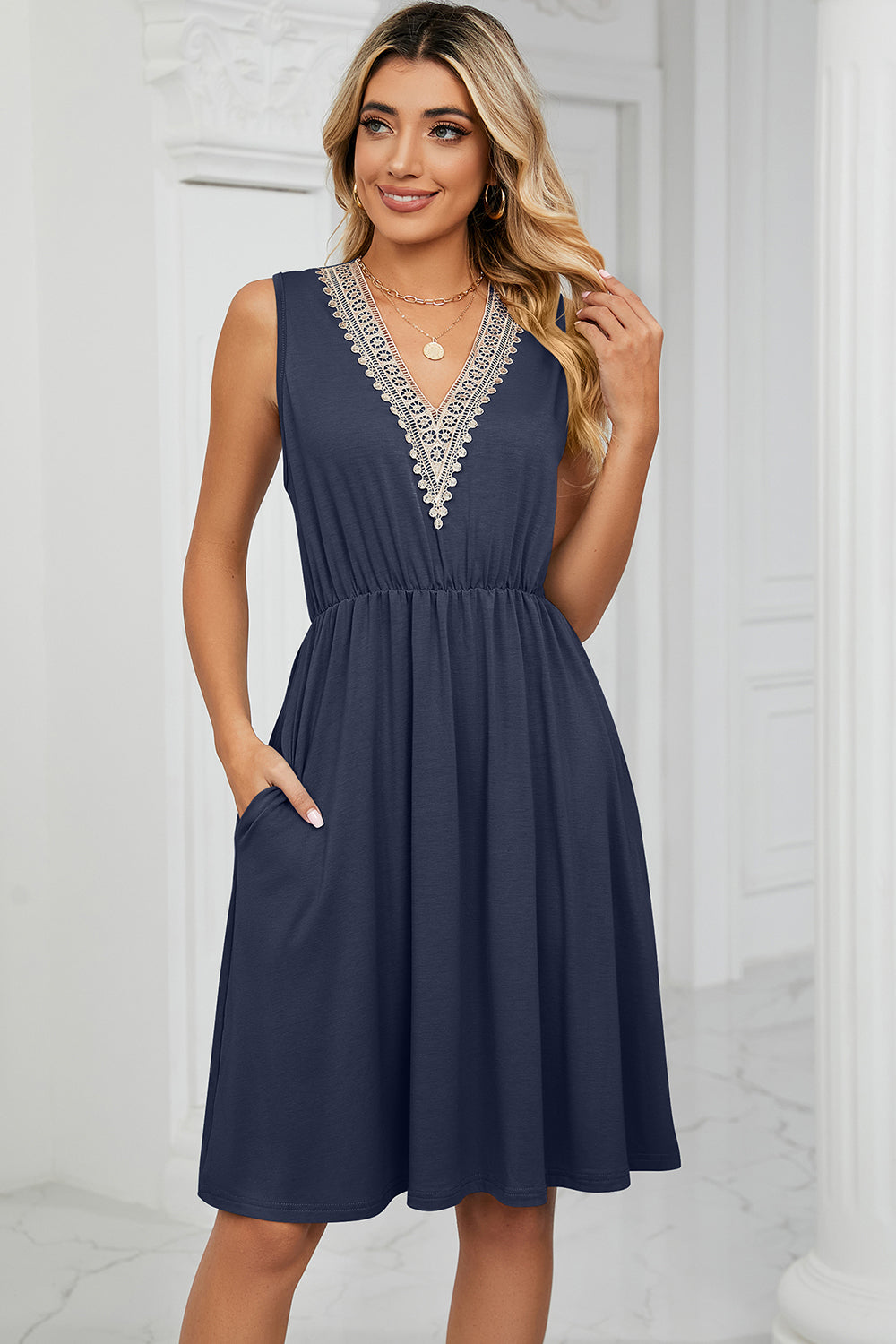 Pocketed V-Neck Wide Strap Dress - The Boutie Shop