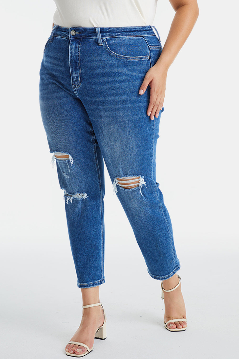 BAYEAS Full Size Distressed High Waist Mom Jeans - The Boutie Shop