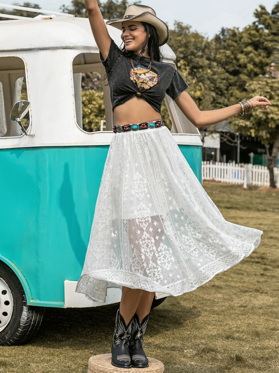 Embroidered Elastic Waist Skirt - The Boutie Shop