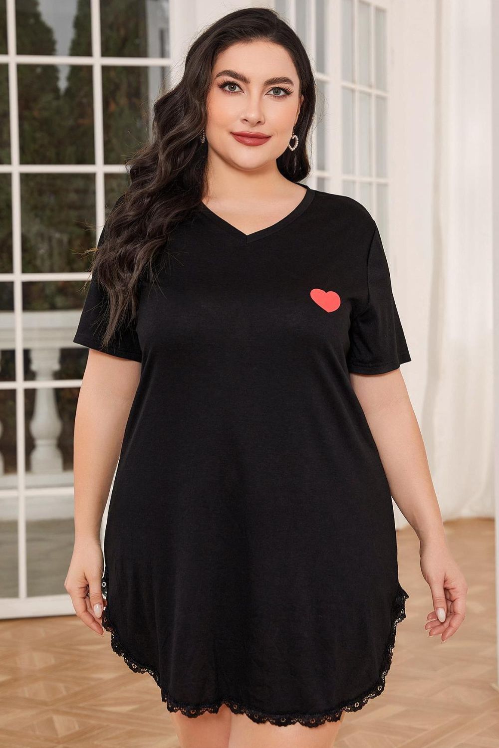 Plus Size Lace Trim V-Neck Short Sleeve Night Dress - The Boutie Shop