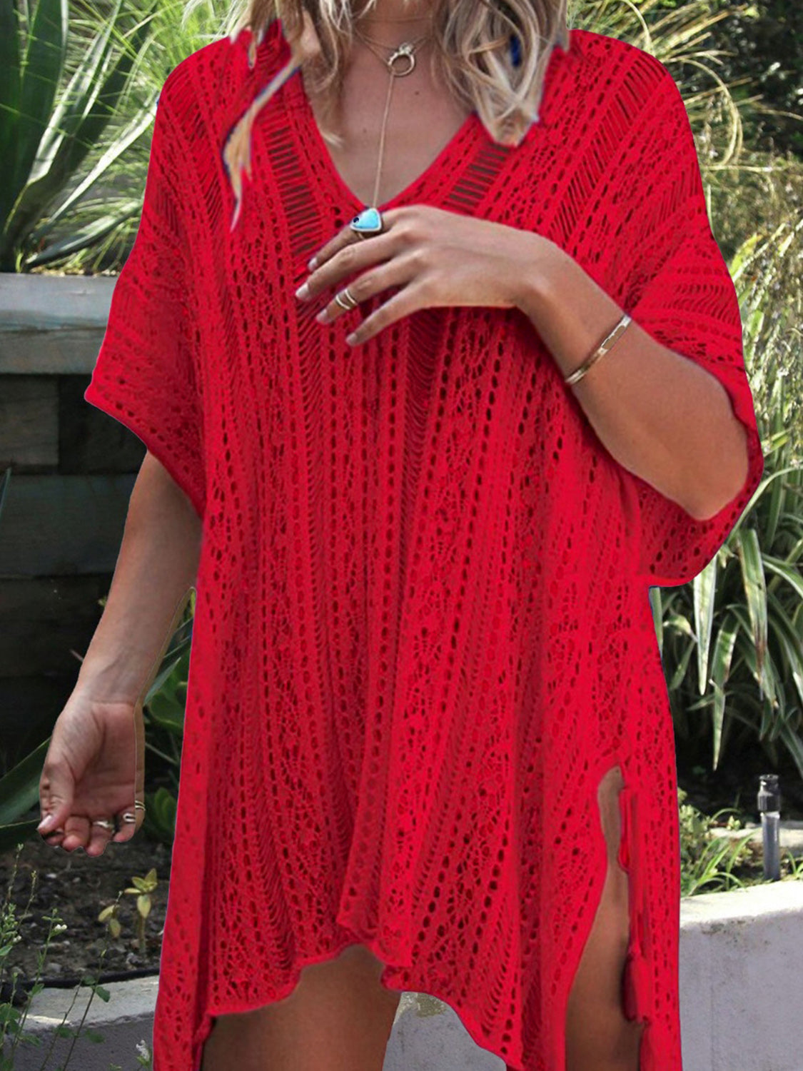 Angel Wings Cutout V-Neck Cover-Up with Tassel - The Boutie Shop