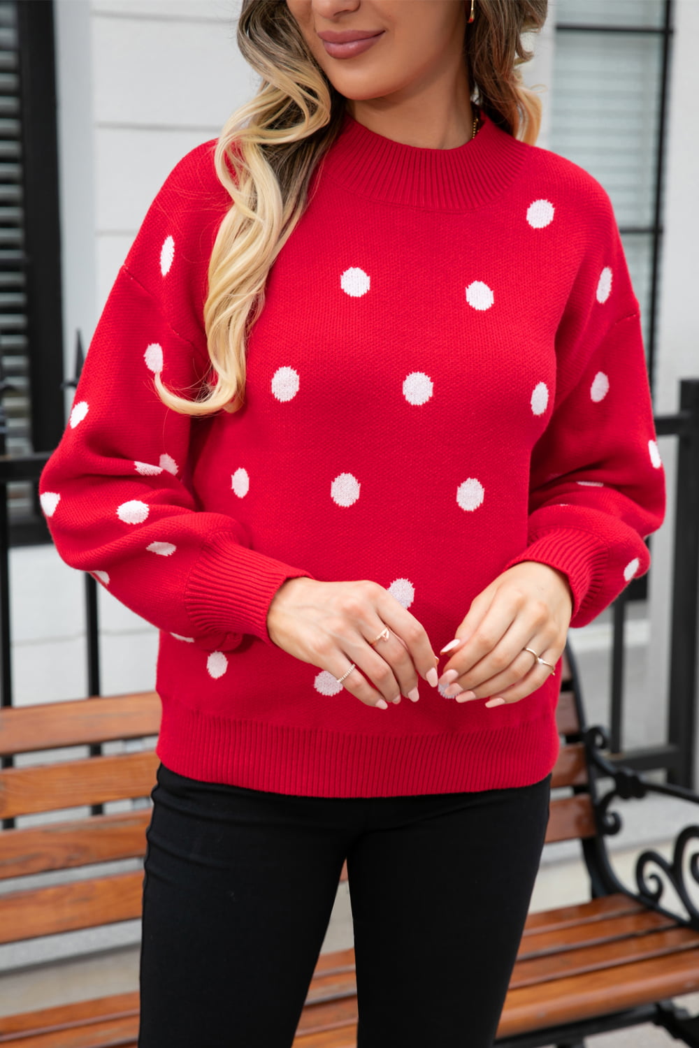 Angel Wings Woven Right Polka Dot Round Neck Dropped Shoulder Sweater - The Boutie Shop