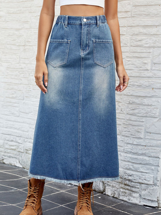 Raw Hem Buttoned Denim Skirt with Pockets - The Boutie Shop