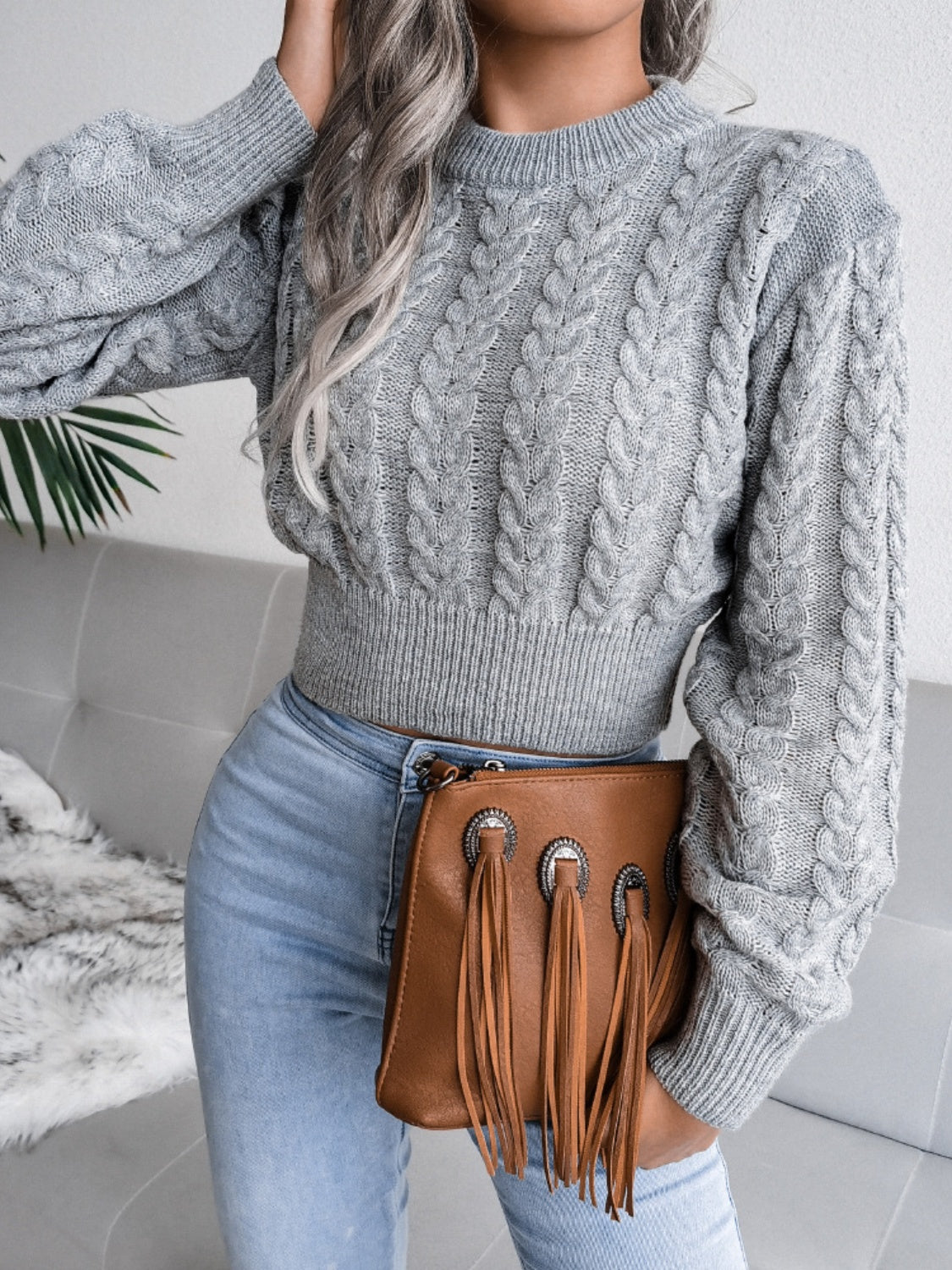 Cable-Knit Round Neck Sweater - The Boutie Shop