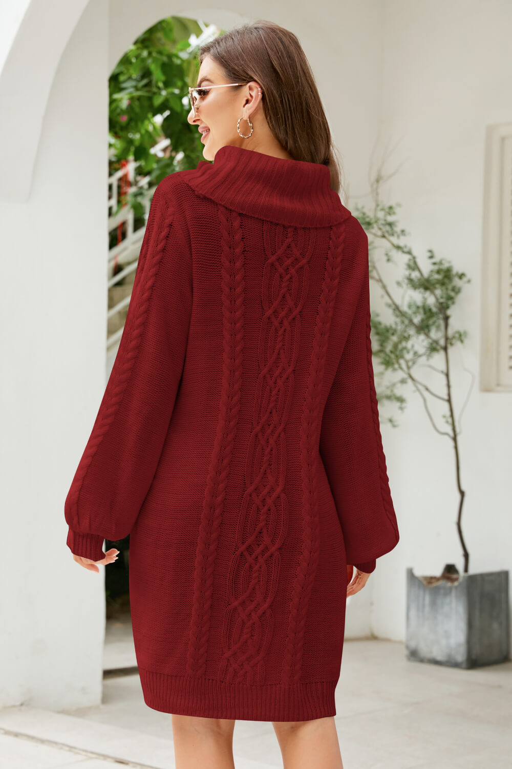 Woven Right Mixed Knit Turtleneck Lantern Sleeve Sweater Dress - The Boutie Shop