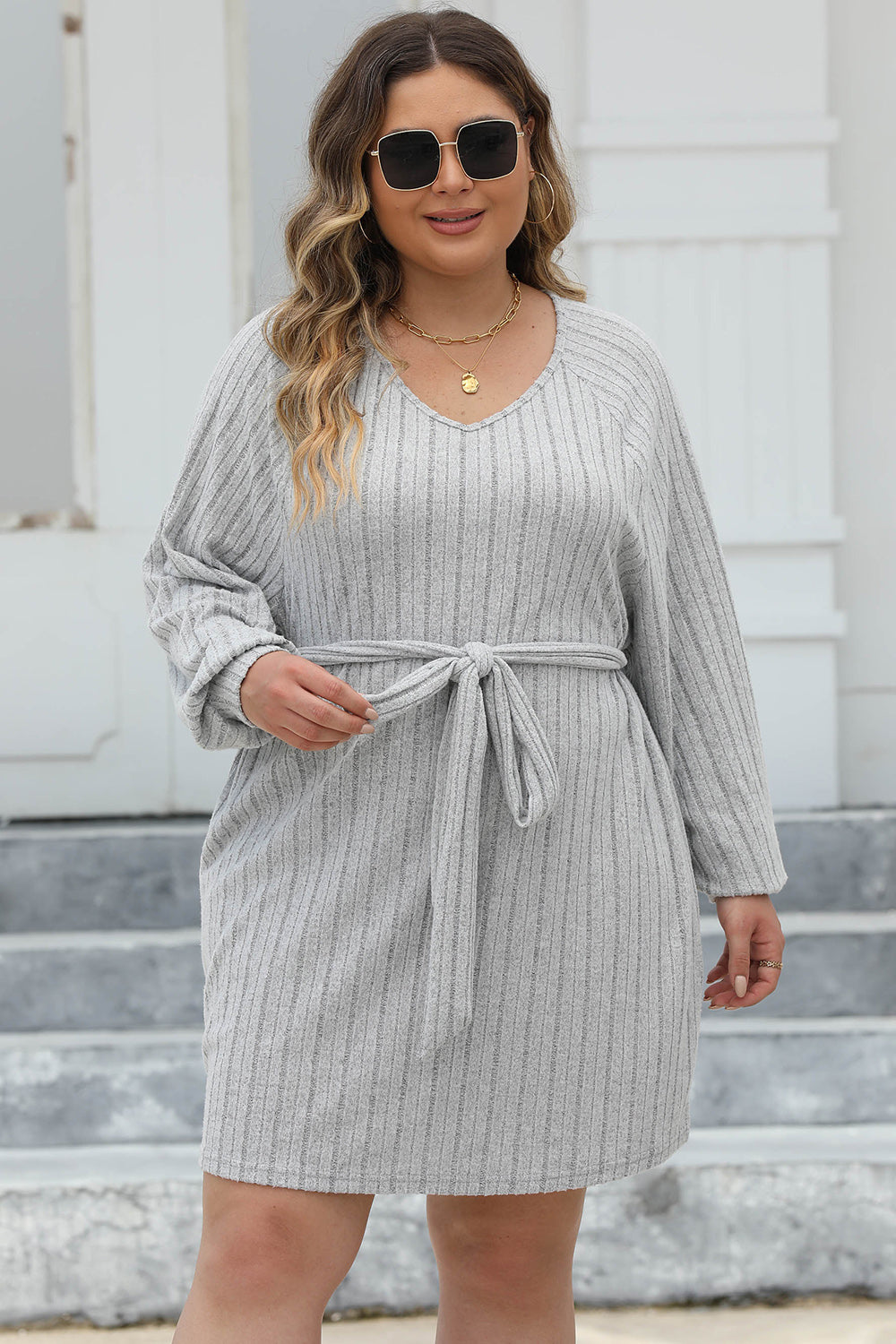 Plus Size Ribbed Tie Front Long Sleeve Sweater Dress - The Boutie Shop