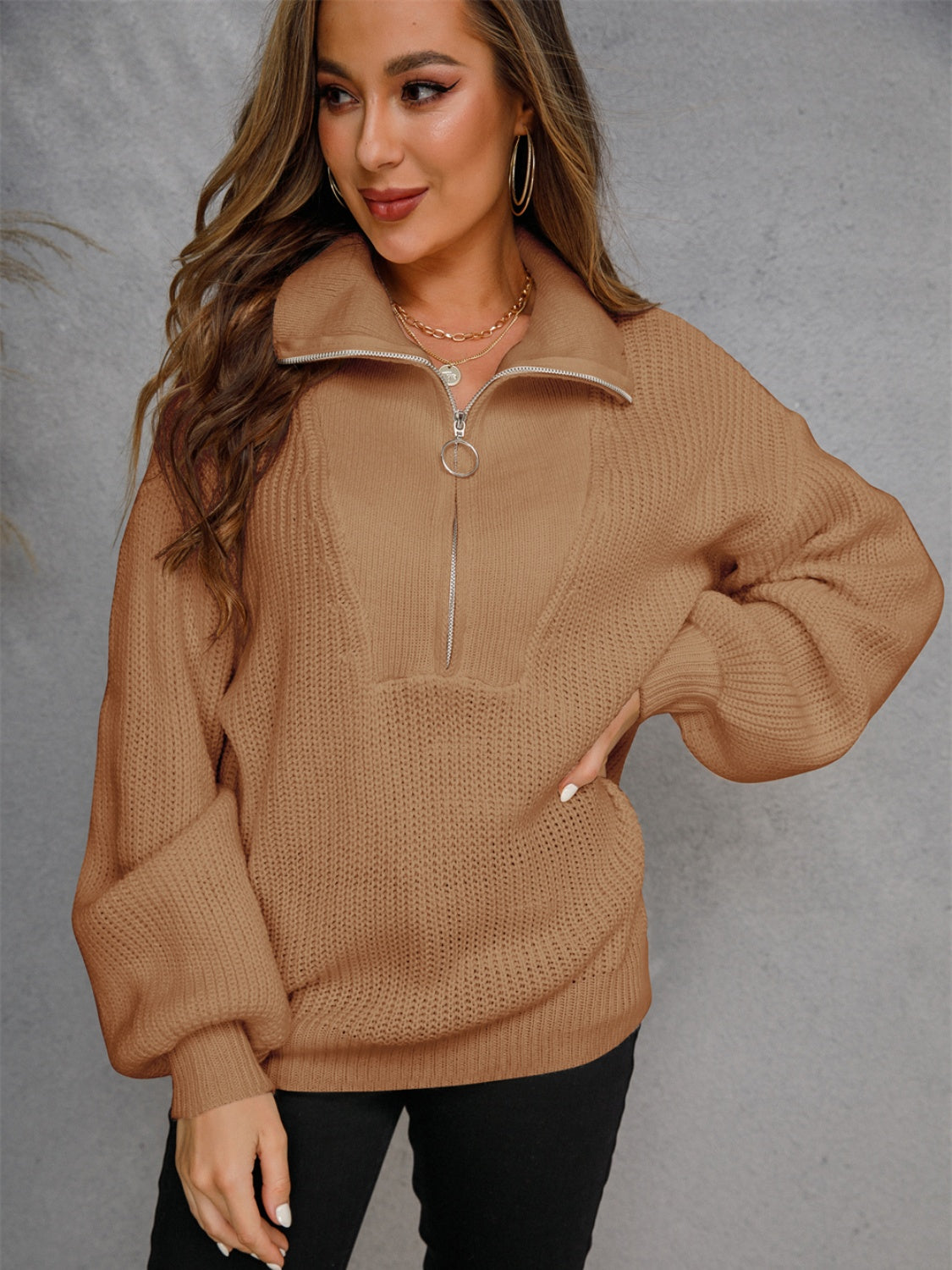 Angel Wings Half Zip Dropped Shoulder Sweater - The Boutie Shop