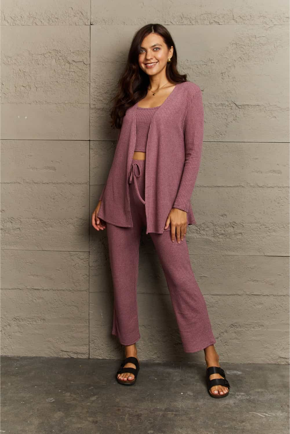 Ninexis Full Size Cropped Top, Long Pants and Cardigan Lounge Set - The Boutie Shop