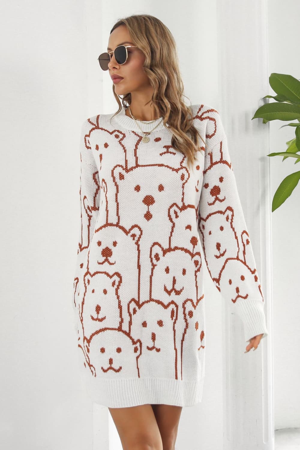 Bear Pattern Round Neck Sweater Dress - The Boutie Shop