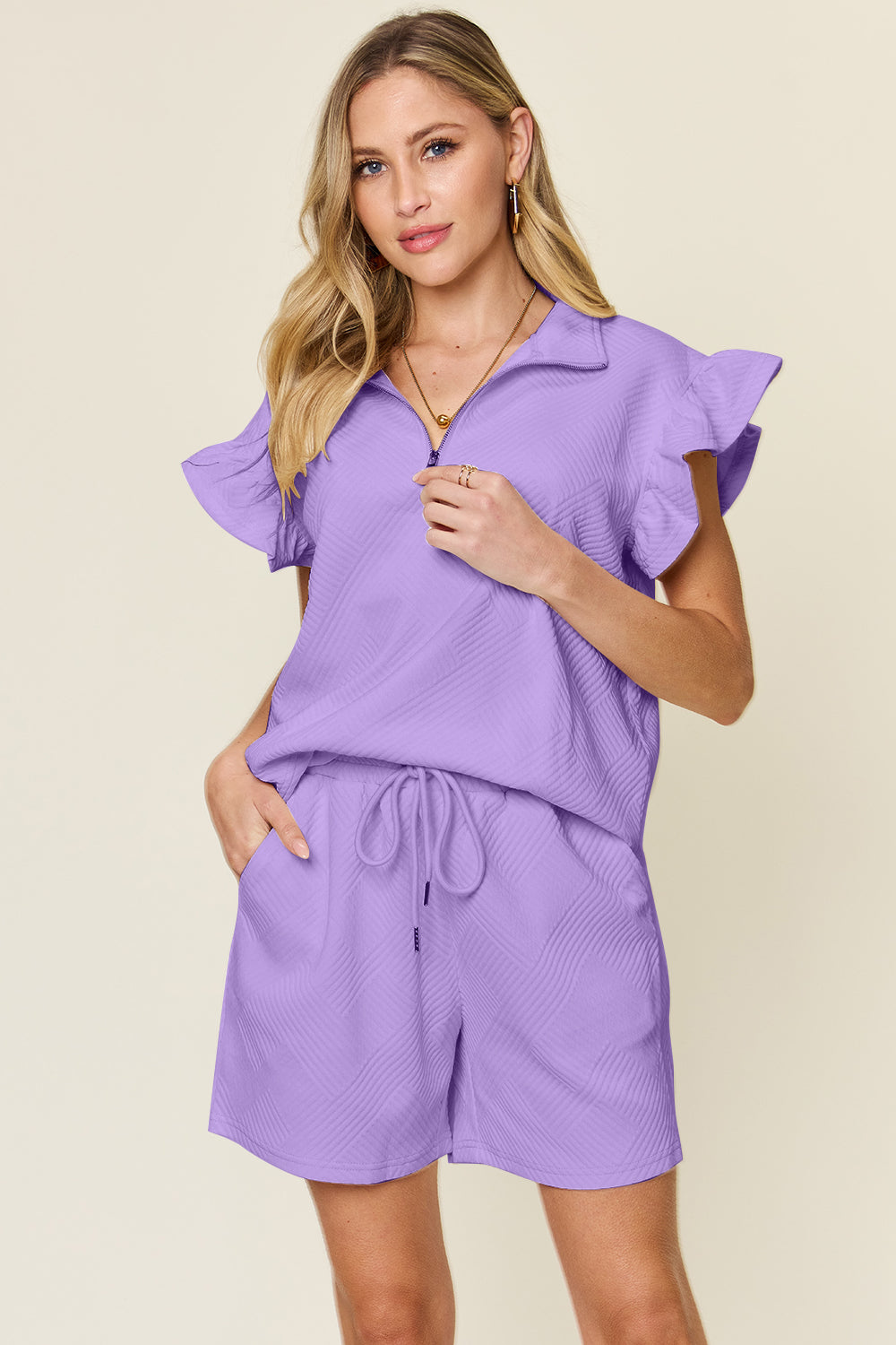 Double Take Full Size Texture Flounce Sleeve Top and Drawstring Shorts Set - The Boutie Shop