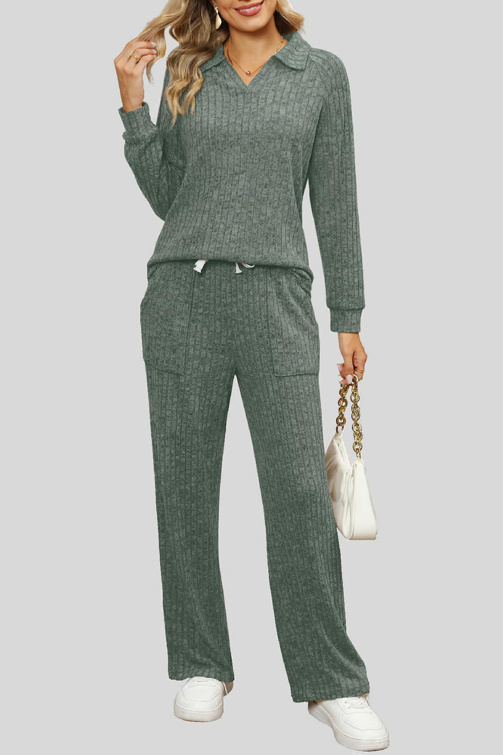 Ribbed Long Sleeve Top and Pocketed Pants Set - The Boutie Shop