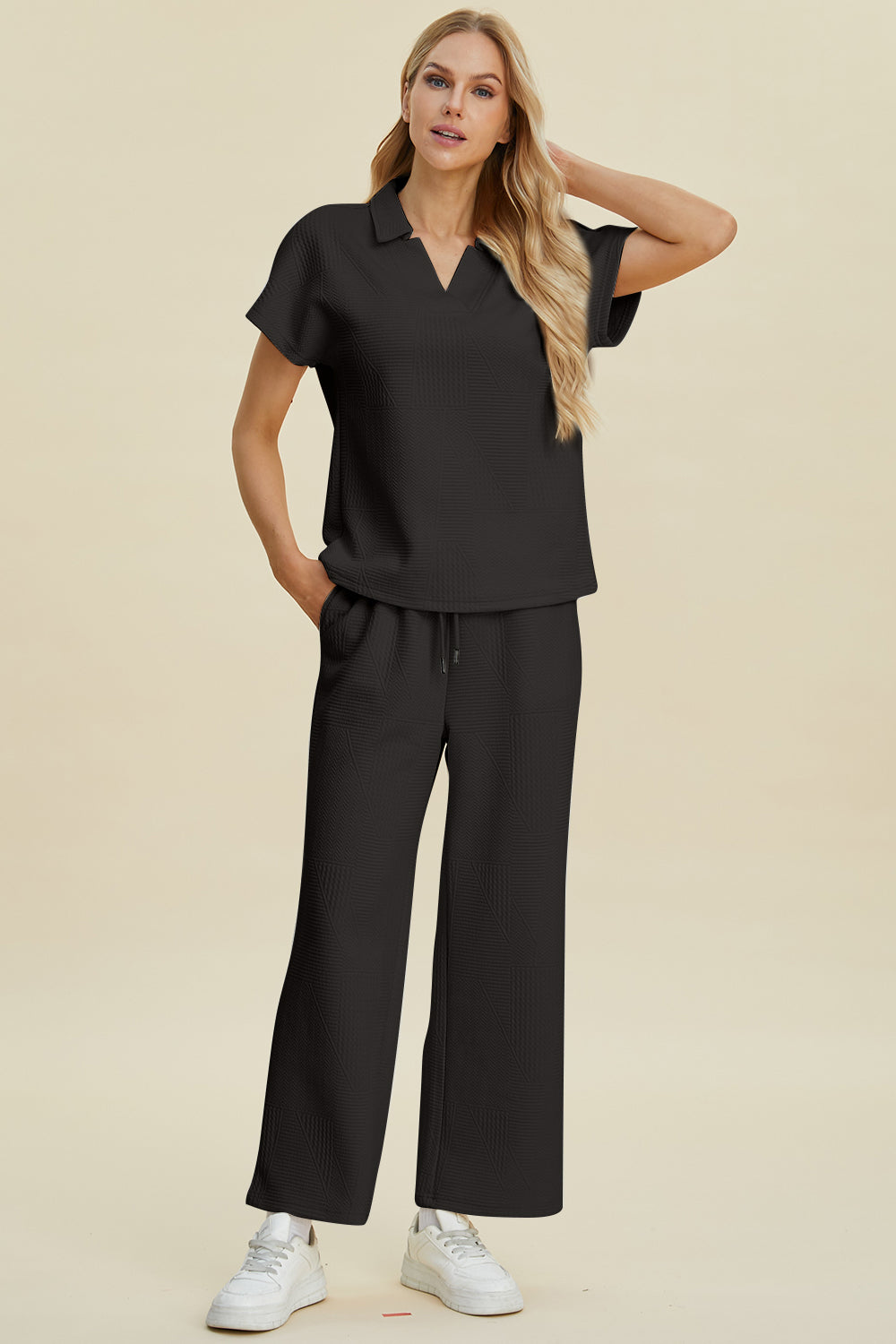 Double Take Full Size Collared Neck Short Sleeve Top and Pants Set - The Boutie Shop