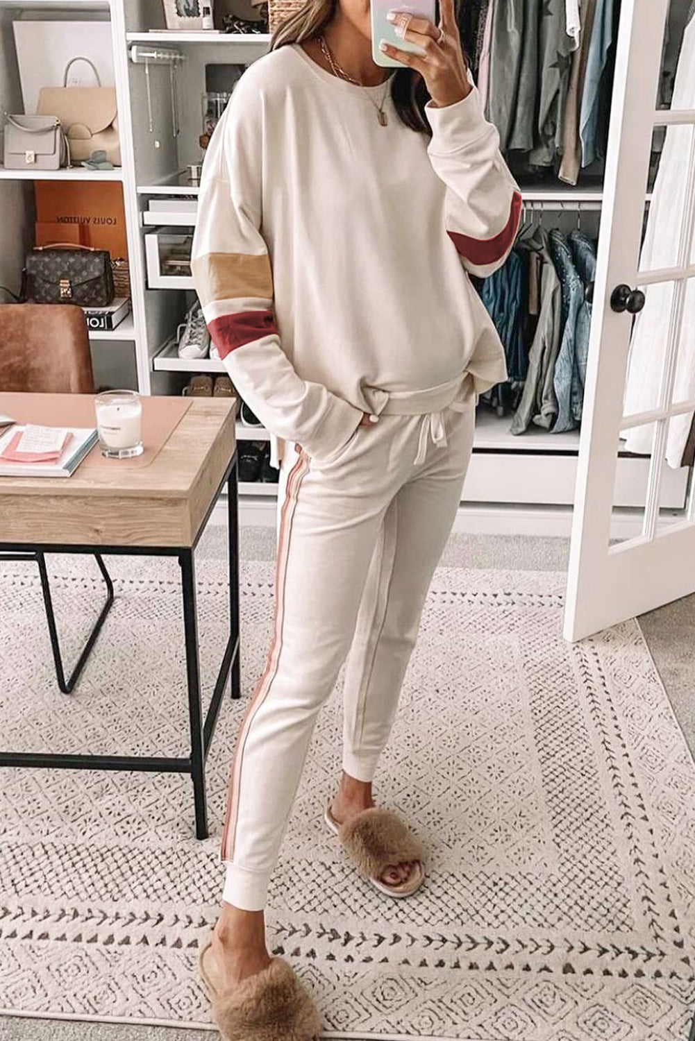 Striped Round Neck Sweatshirt and Drawstring Joggers Set - The Boutie Shop