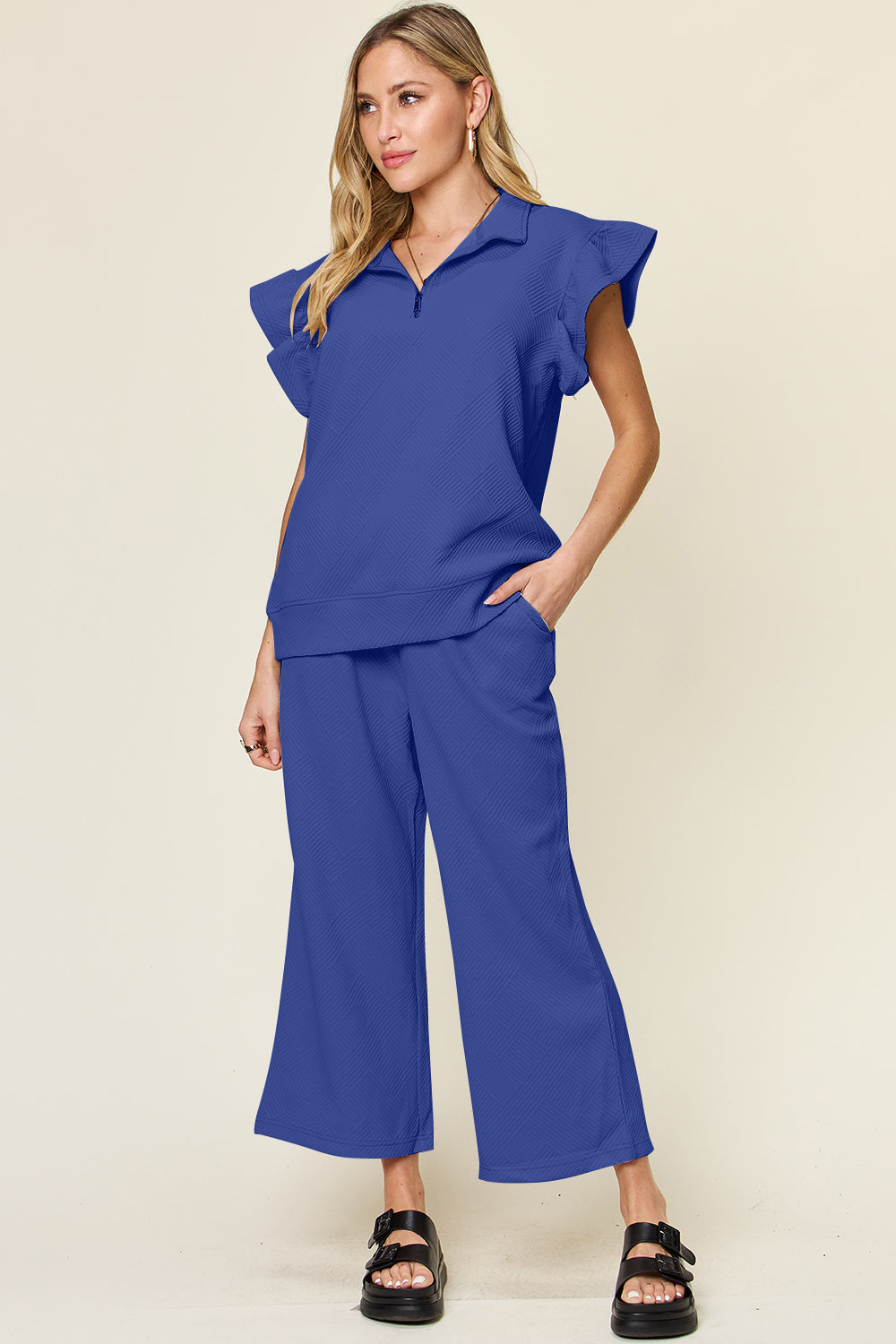 Double Take Texture Ruffle Short Sleeve Top and Drawstring Wide Leg Pants Set - The Boutie Shop