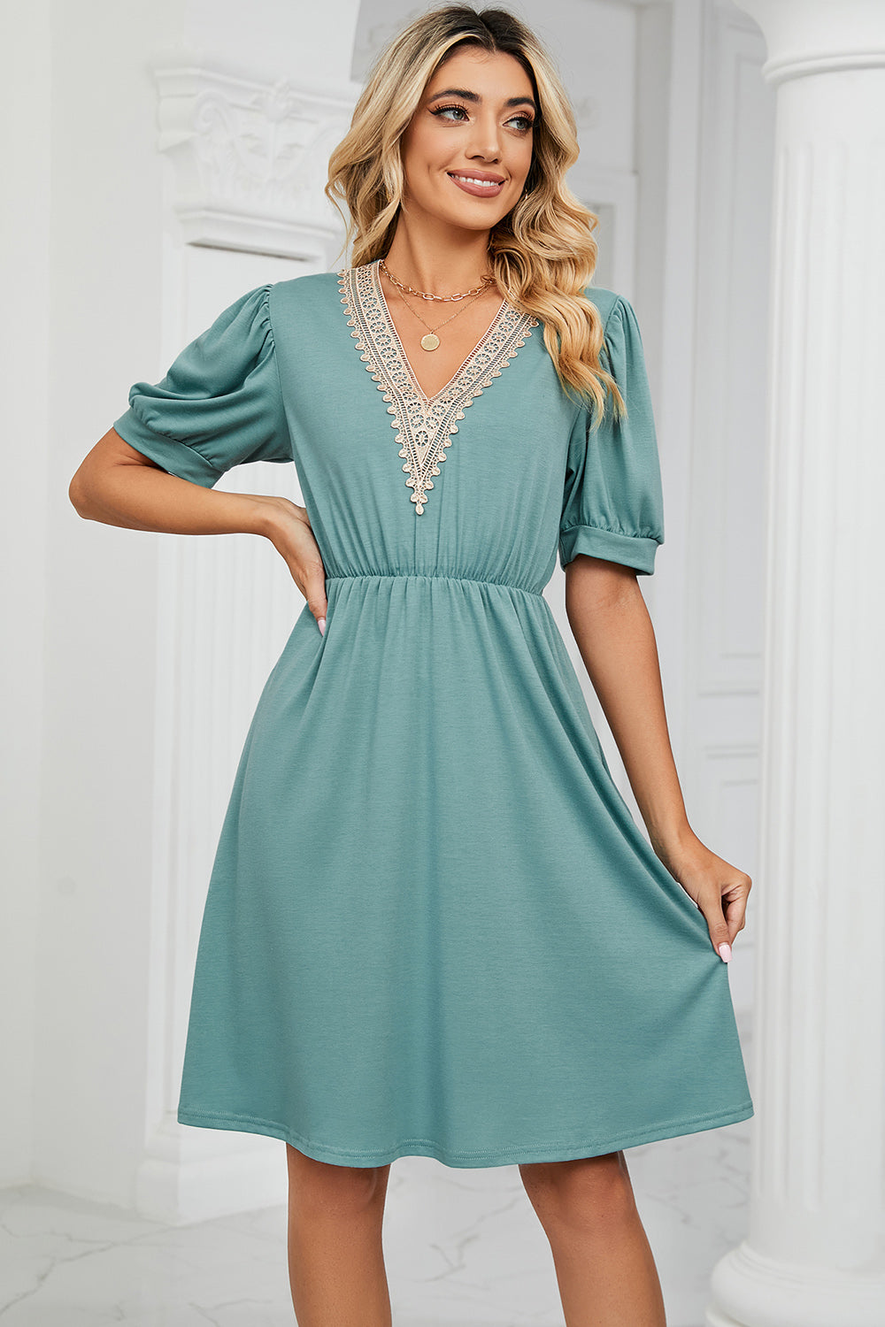 V-Neck Puff Sleeve Dress - The Boutie Shop