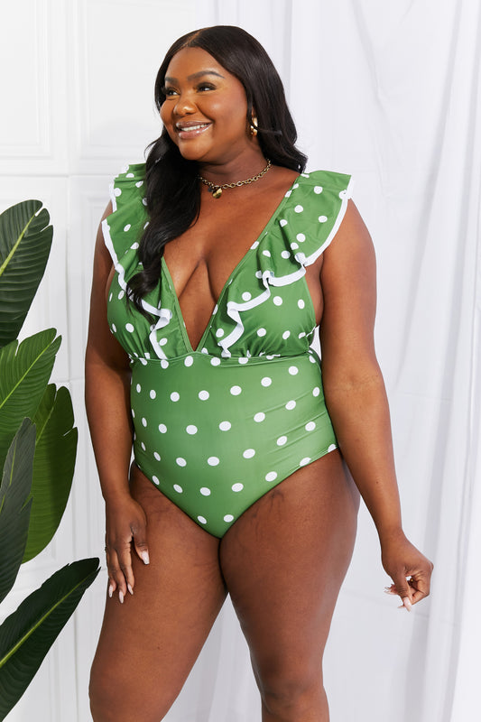 Marina West Swim Moonlit Dip Ruffle Plunge Swimsuit in Mid Green - The Boutie Shop