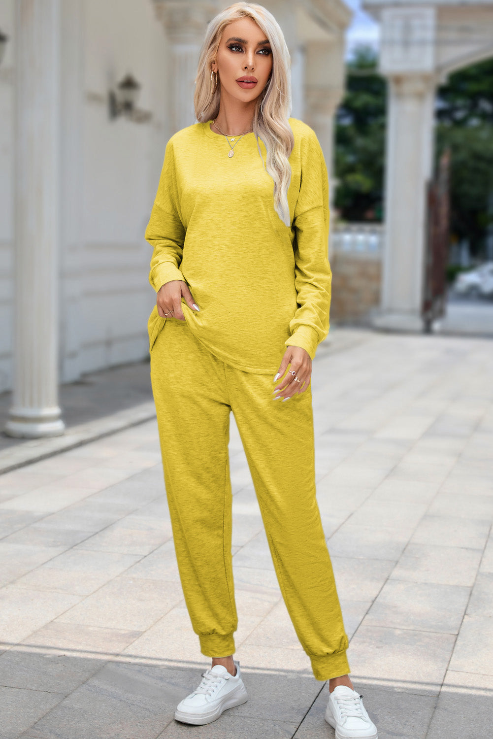 Round Neck Top and Drawstring Pants Lounge Set - The Boutie Shop