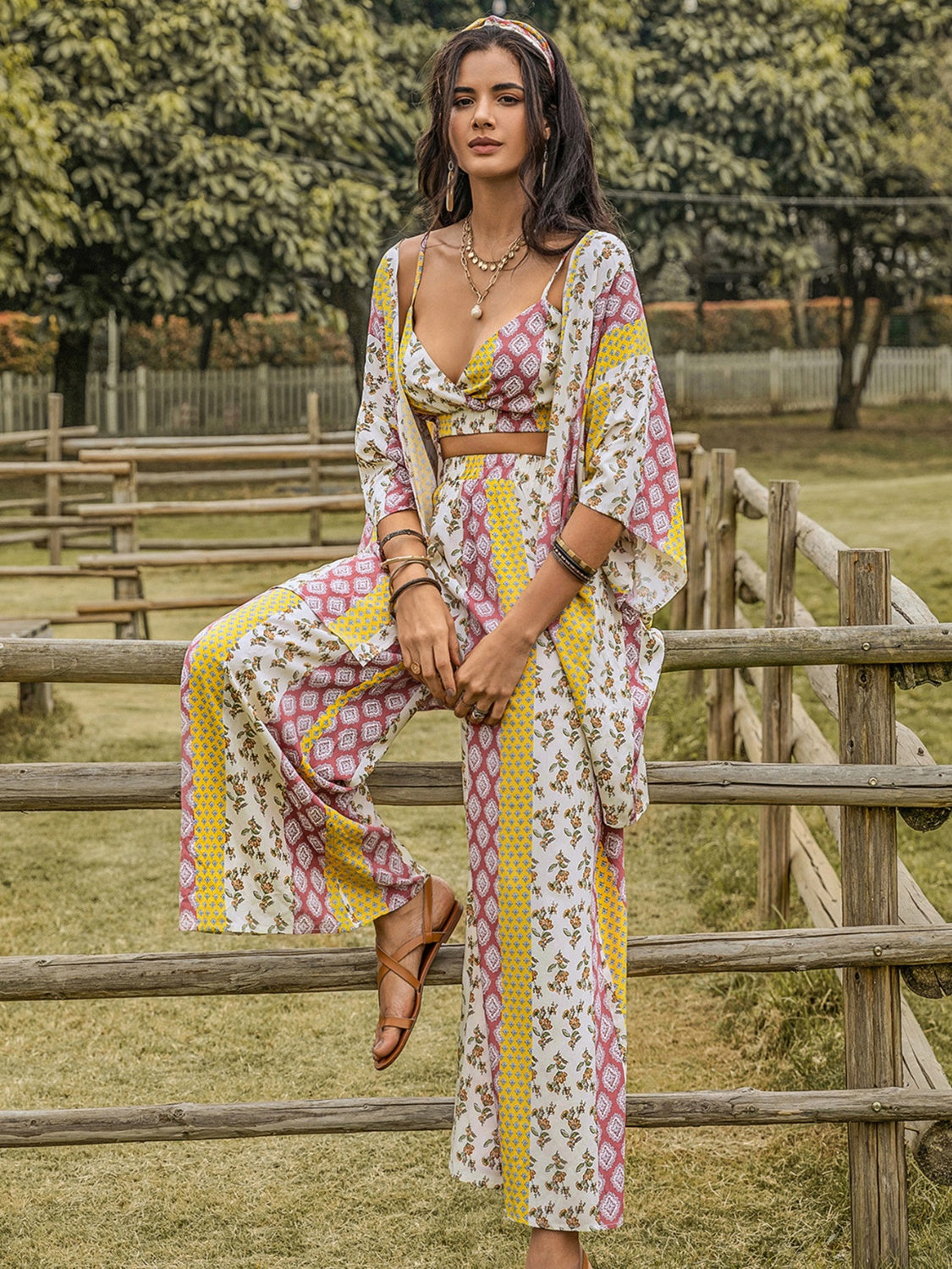 Printed Cami,Open Front Cover Up and Wide Leg Pants Set - The Boutie Shop