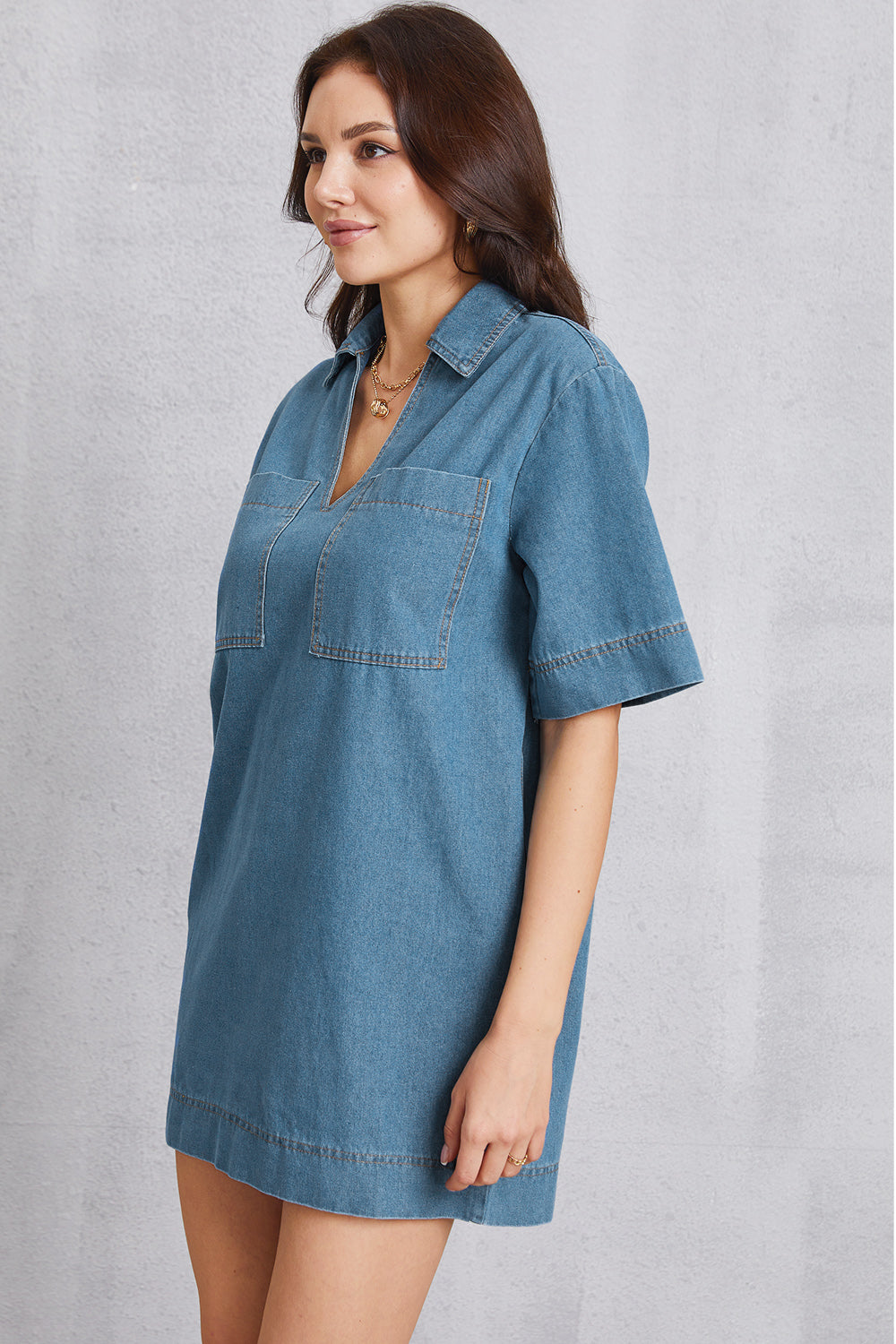 Pocketed Collared Neck Mini Denim Dress - The Boutie Shop