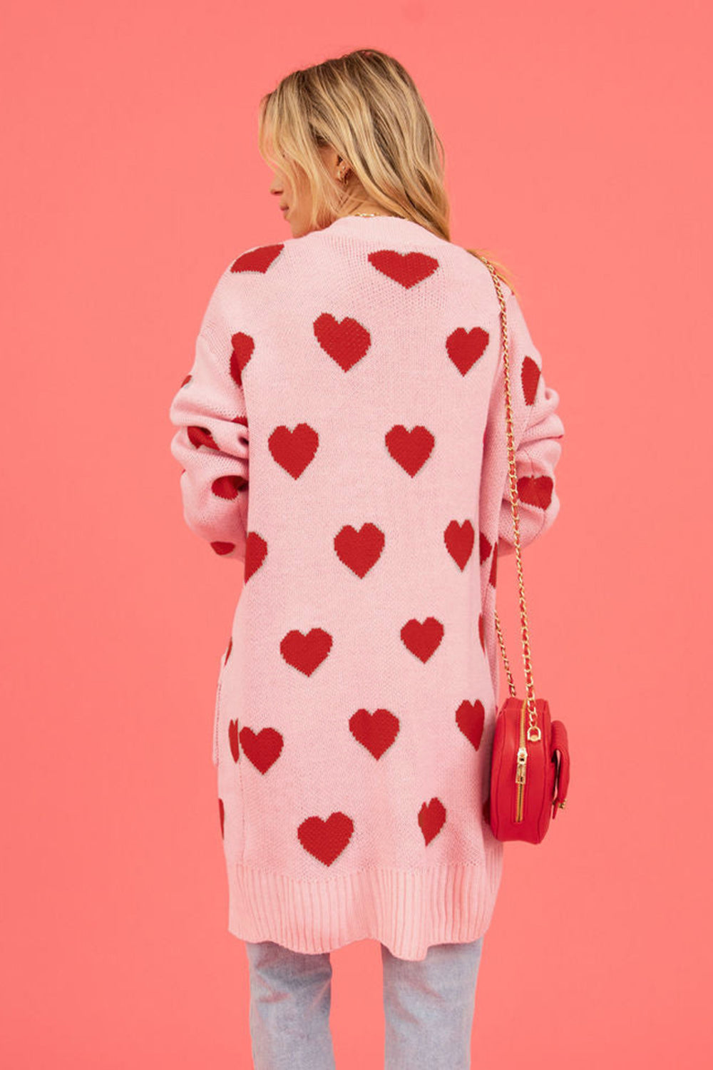 Heart Graphic Open Front Cardigan with Pockets - The Boutie Shop