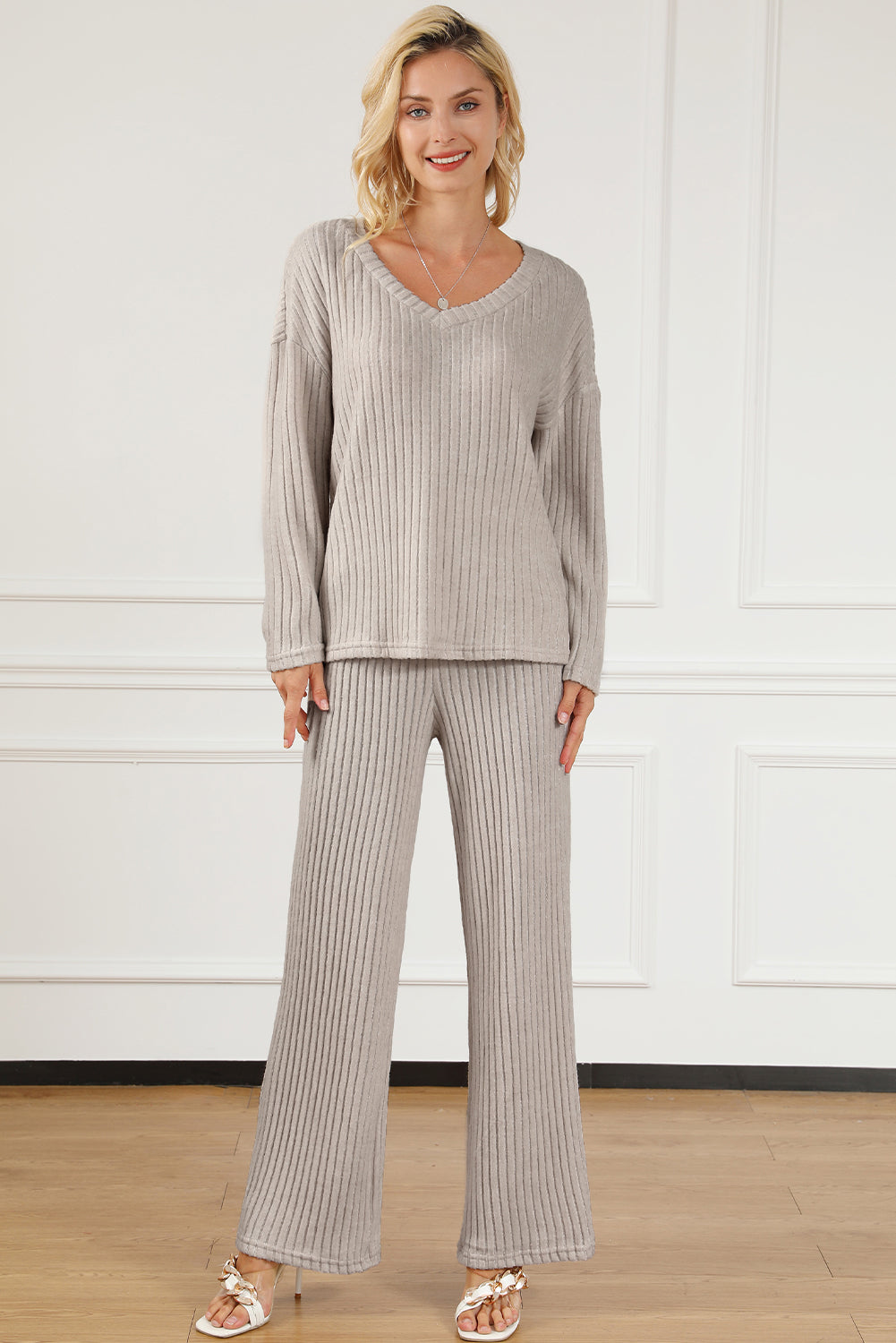 Ribbed V-Neck Top and Pants Lounge Set - The Boutie Shop