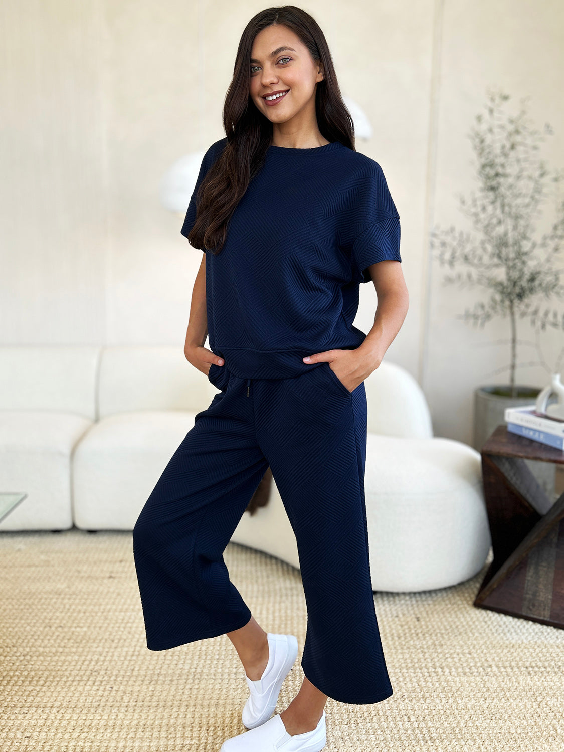 Double Take Full Size Texture Short Sleeve Top and Pants Set - The Boutie Shop