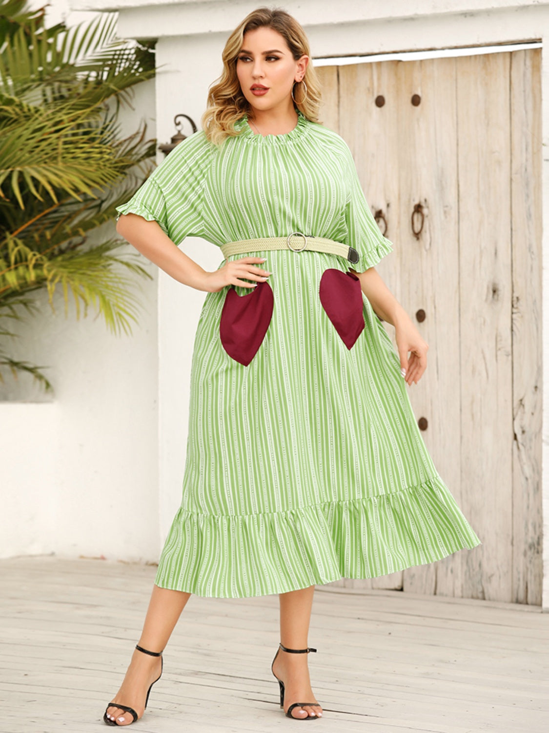 Plus Size Frill Heart Striped Half Sleeve Dress - The Boutie Shop