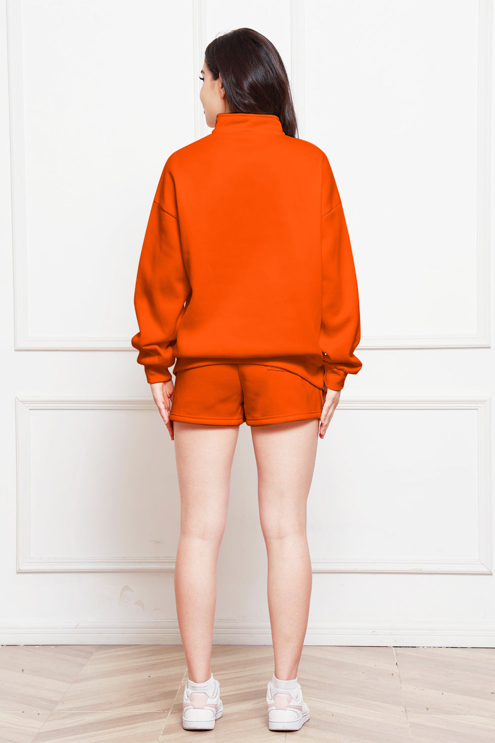 Half Zip Long Sleeve Sweatshirt and Drawstring Shorts Set - The Boutie Shop