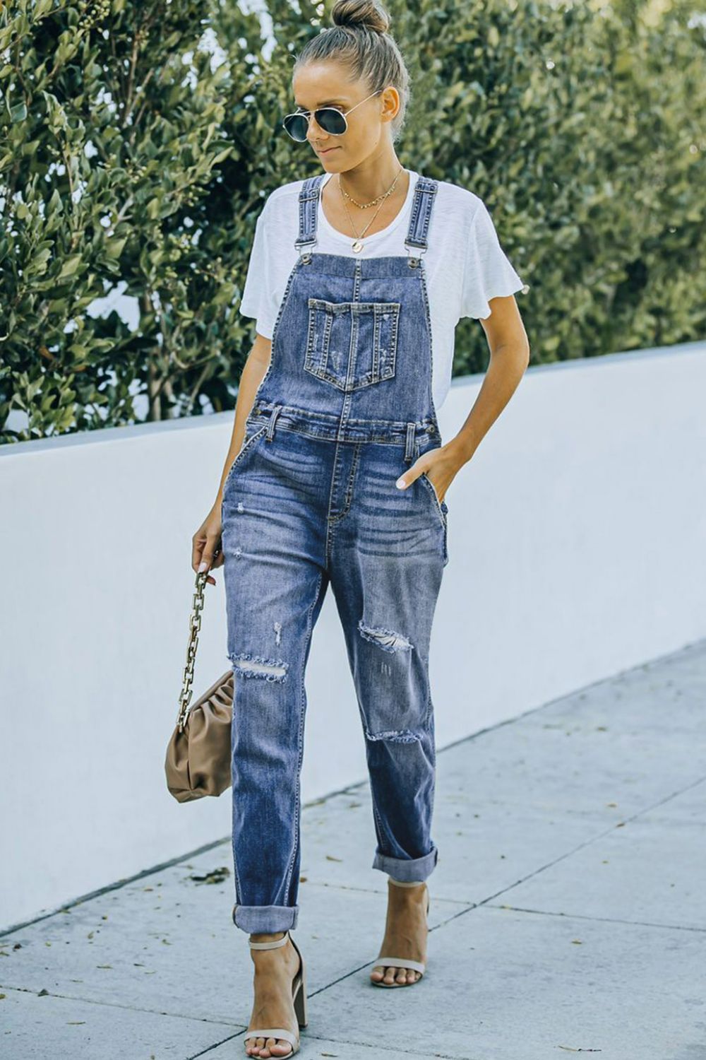 Pocketed Distressed Denim Overalls - The Boutie Shop