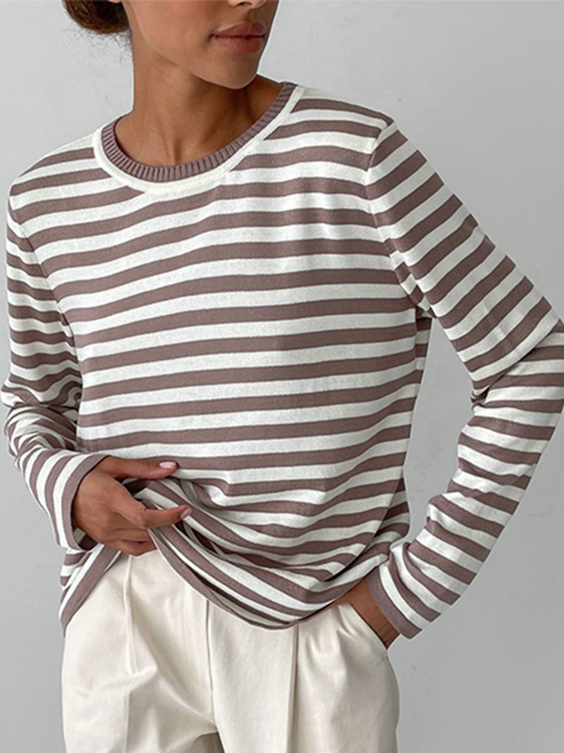 Striped Round Neck Long Sleeve Sweater - The Boutie Shop