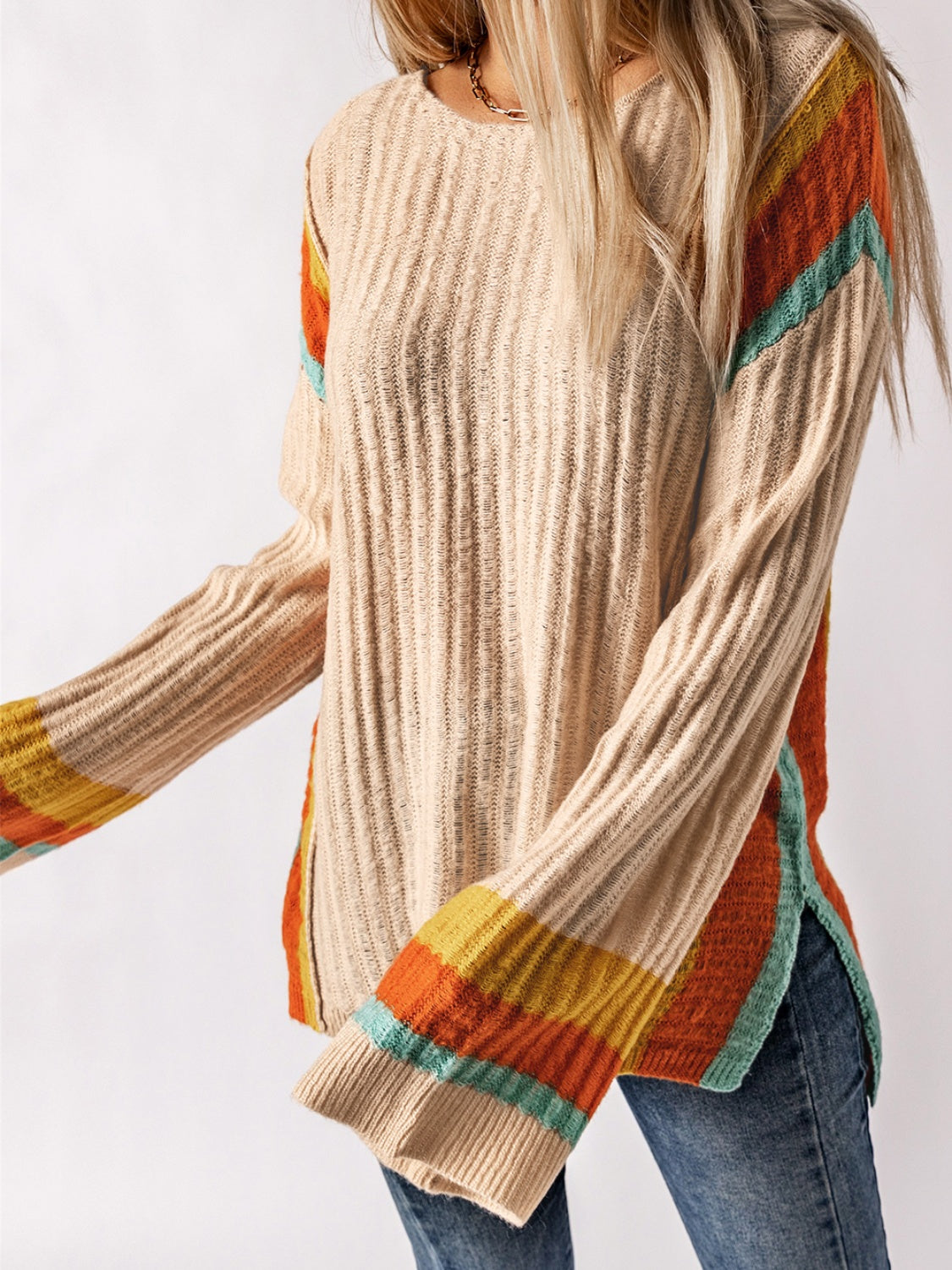 Striped Round Neck Long Sleeve Sweater - The Boutie Shop