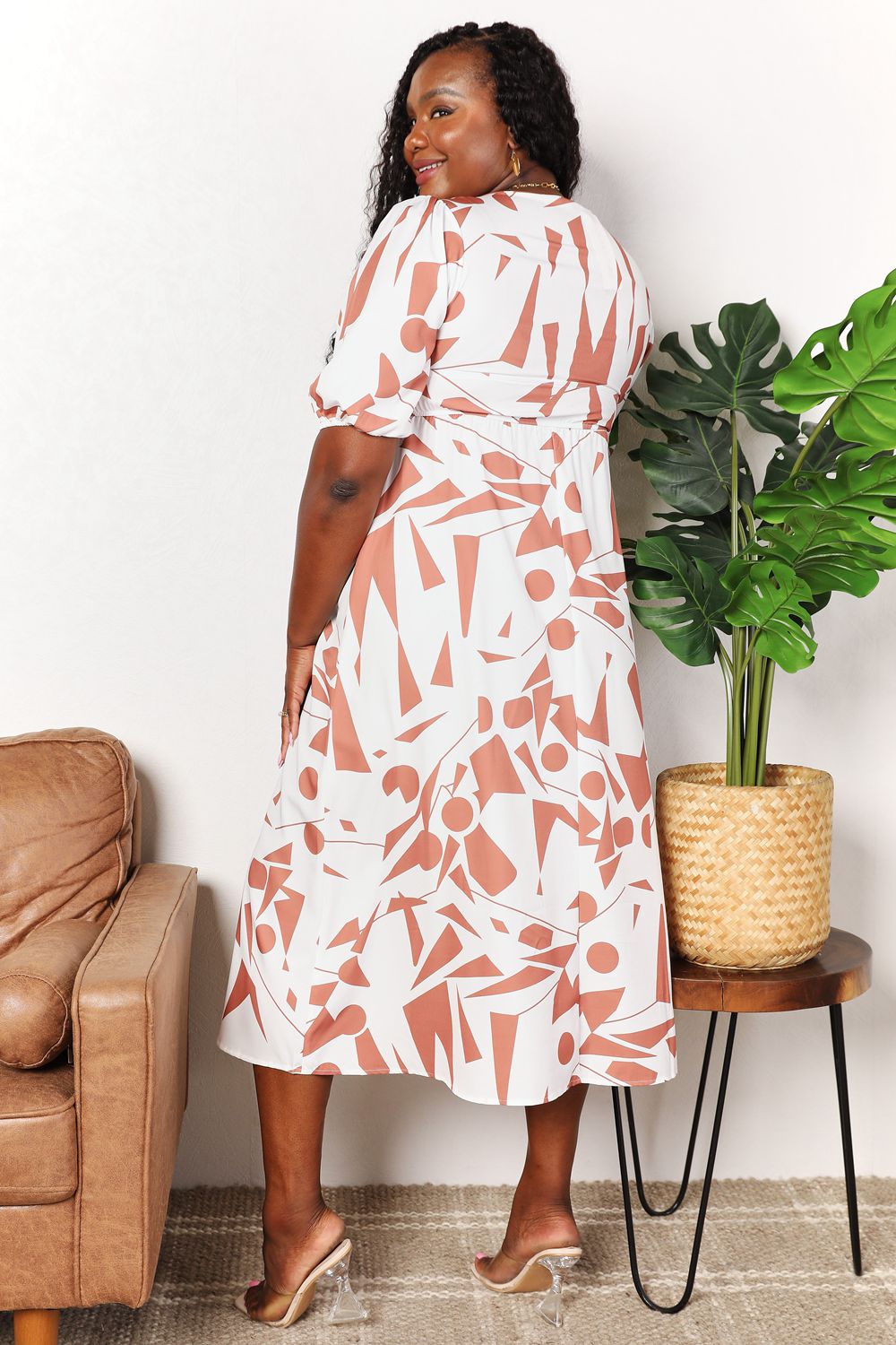 Printed Surplice Balloon Sleeve Dress - The Boutie Shop