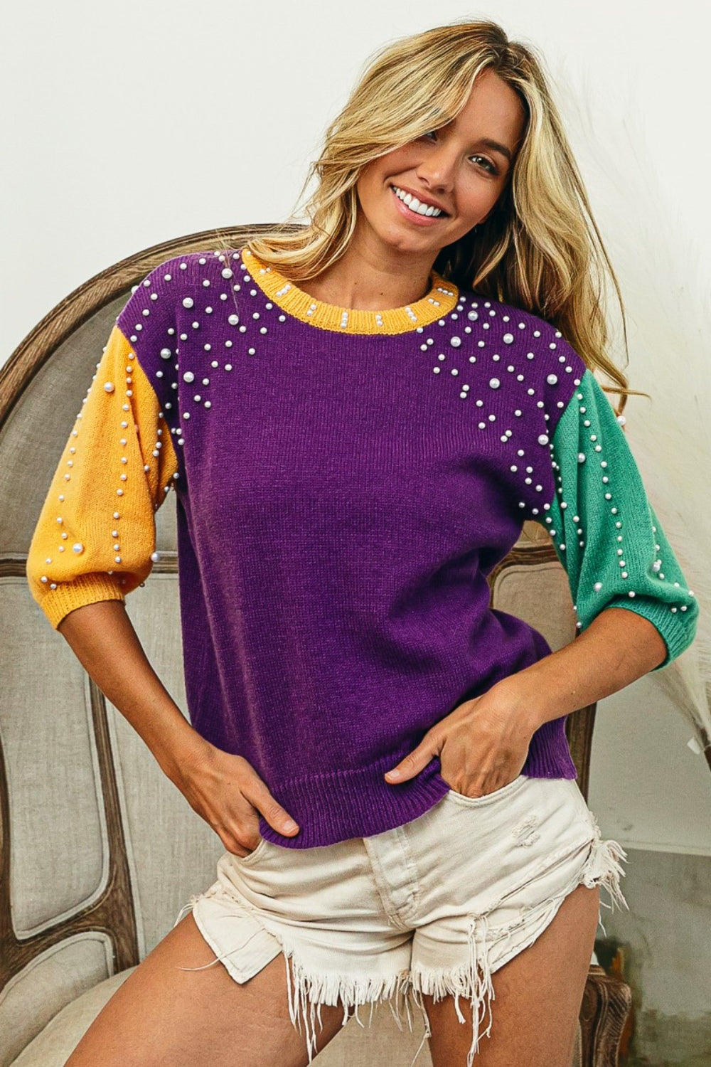 BiBi Color Block Pearl Detail Round Neck Sweater - The Boutie Shop