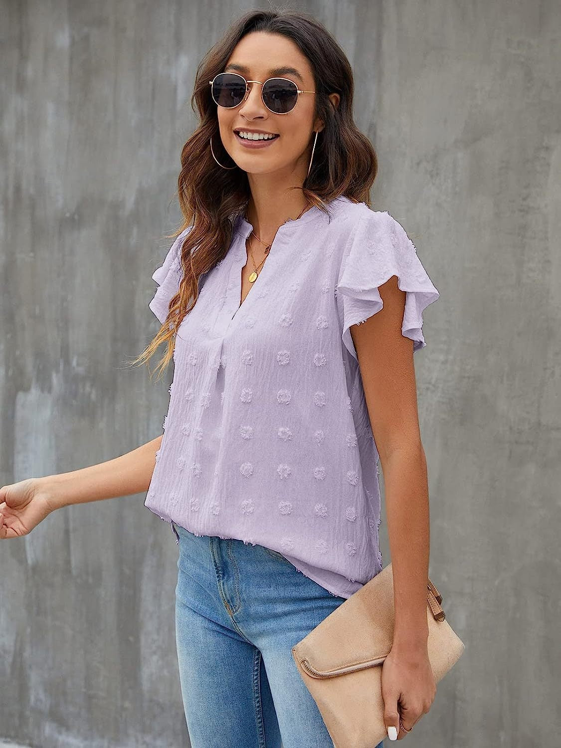 Swiss Dot Notched Cap Sleeve Blouse - The Boutie Shop