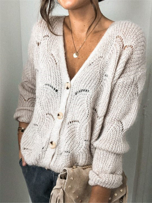 Openwork Button Up Long Sleeve Cardigan - The Boutie Shop