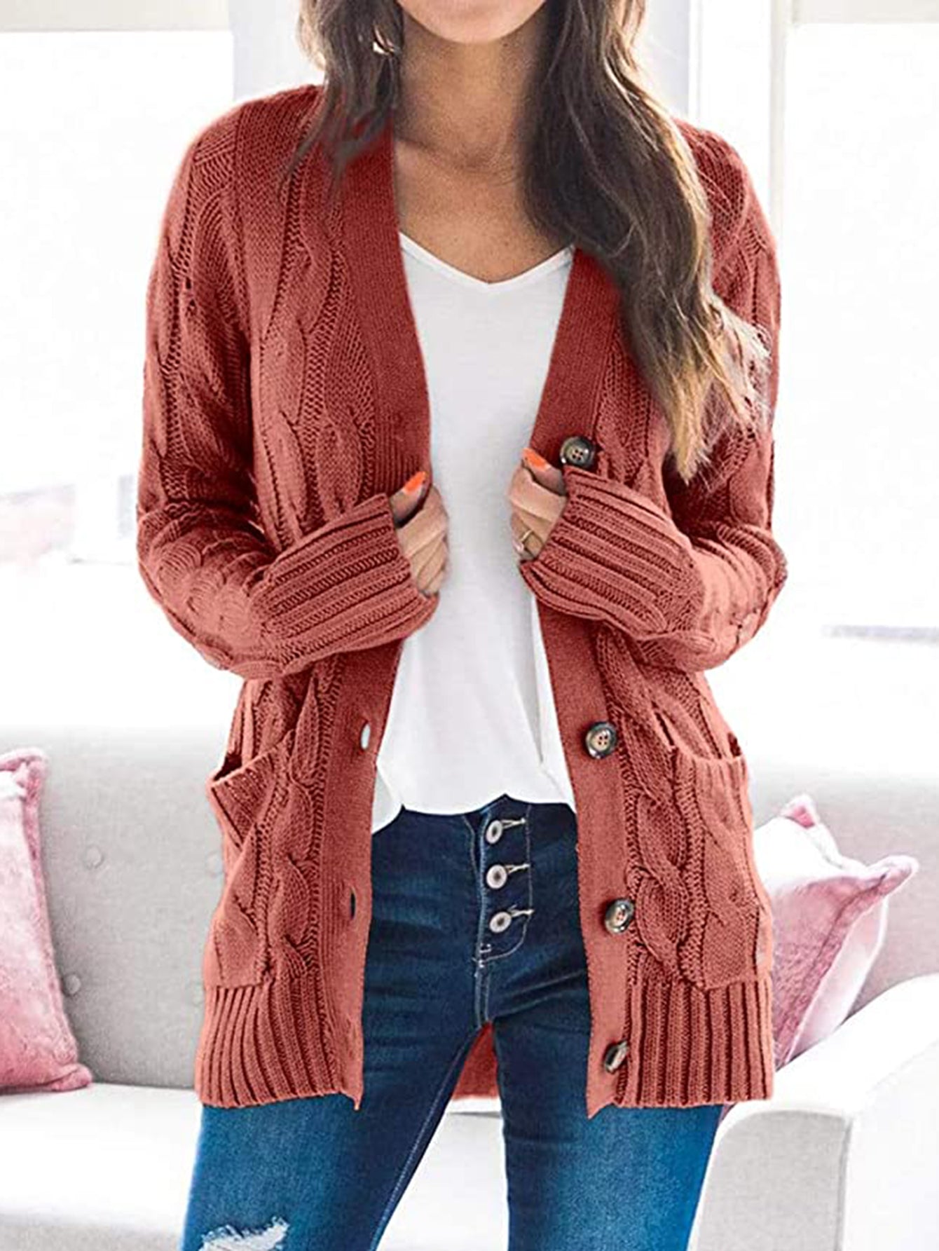 Cable-Knit Buttoned Cardigan with Pockets - The Boutie Shop