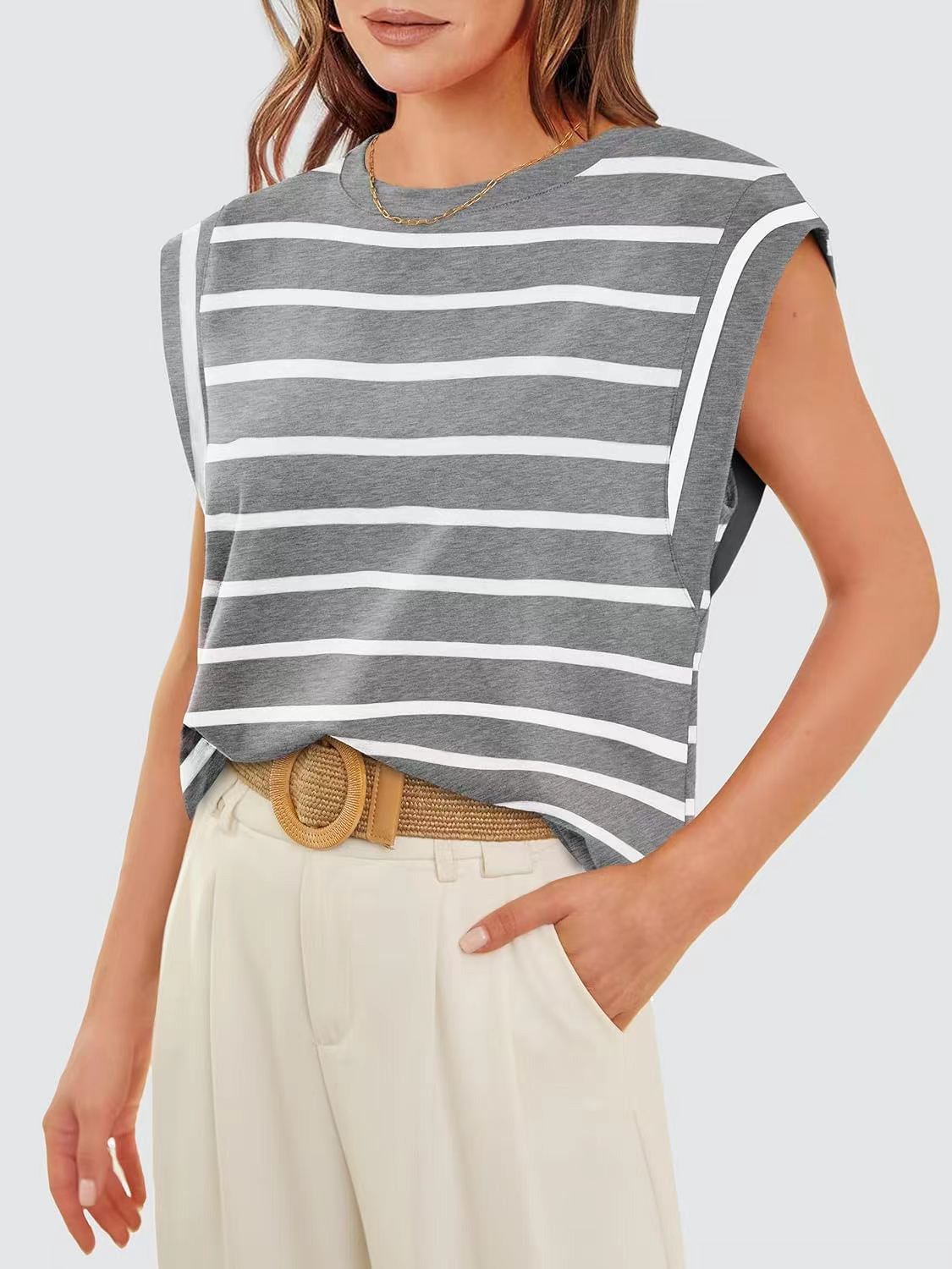 Striped Round Neck Cap Sleeve T-Shirt - The Boutie Shop