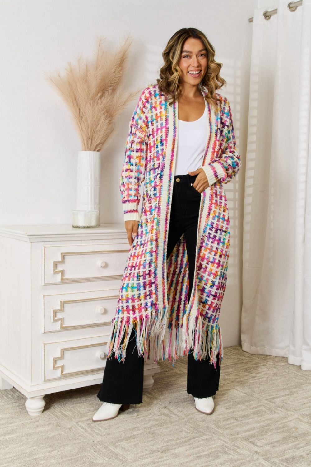 Angel Wings Full Size Multicolored Open Front Fringe Hem Cardigan - The Boutie Shop