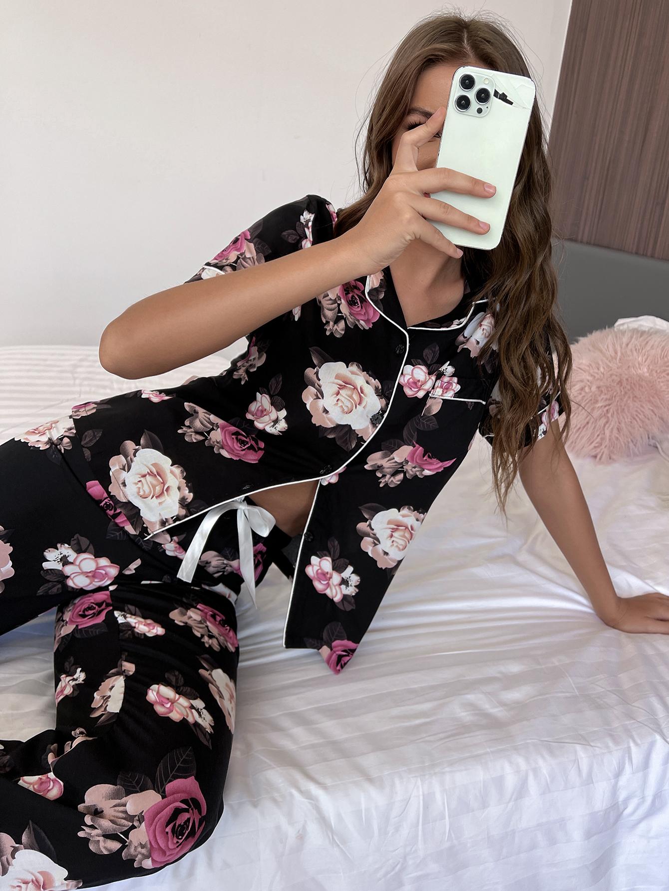 Floral Short Sleeve Shirt and Pants Lounge Set - The Boutie Shop