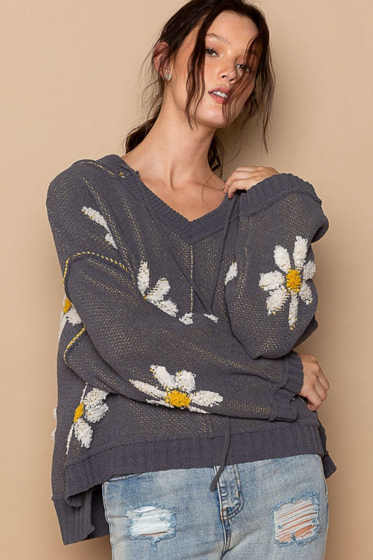 POL Floral Pattern Hooded High-Low Sweater - The Boutie Shop