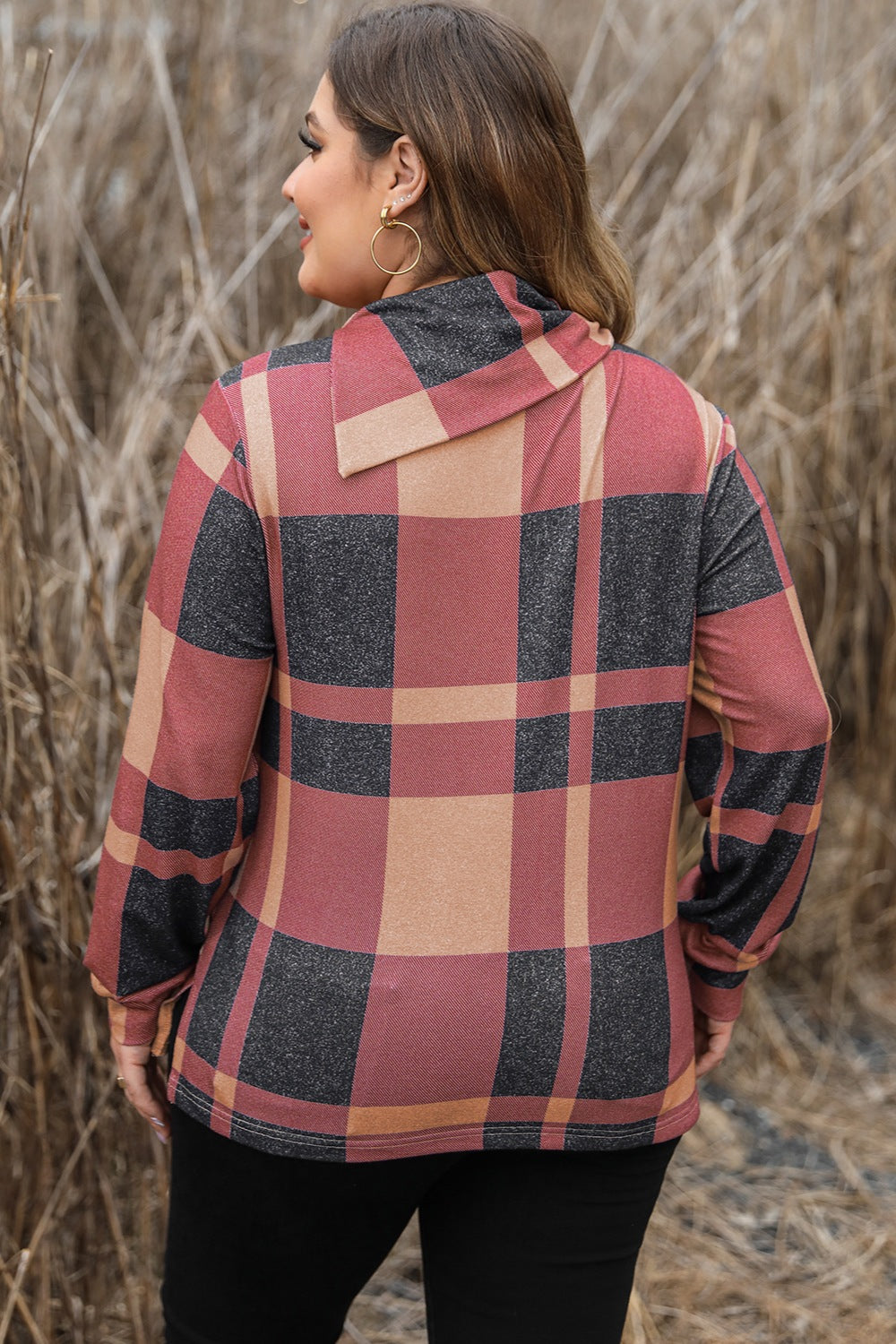 Plus Size Plaid Cowl Neck Long Sleeve Sweatshirt - The Boutie Shop