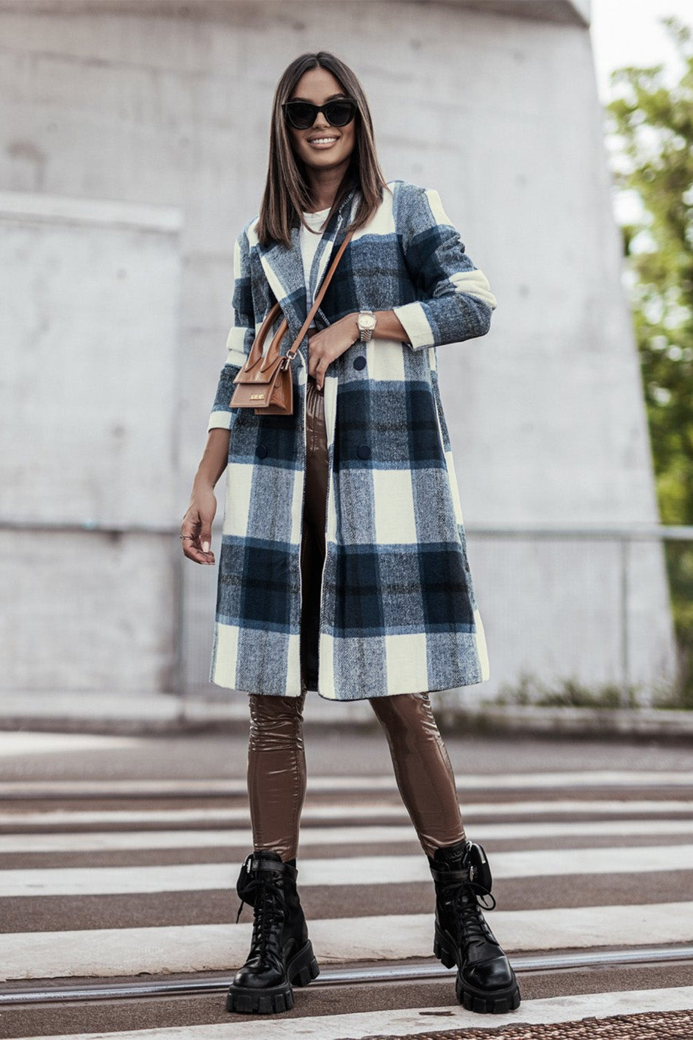 Double Take Full Size Plaid Button Up Lapel Collar Coat