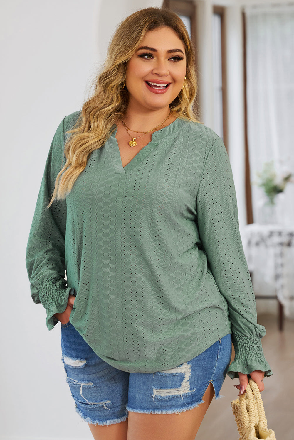 Plus Size Eyelet Notched Flounce Sleeve Blouse - The Boutie Shop