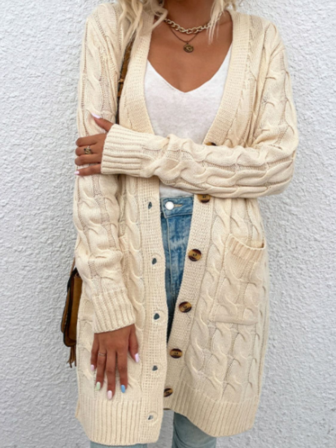 Cable-Knit Button Down Cardigan with Pockets - The Boutie Shop